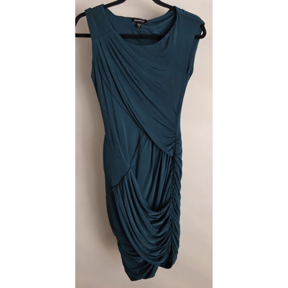 Bebe Sleeveless Mini Dress XS Teal Solid Draped Bodycon Faux Wrap Column Dress